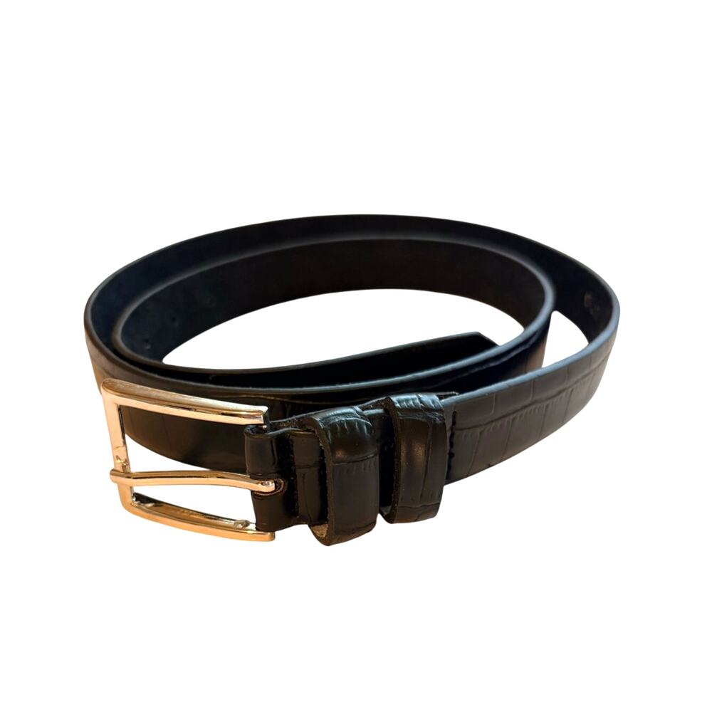 Black Leather Alligator Textured Silver Buckle Belt 44 (XL) Old Money